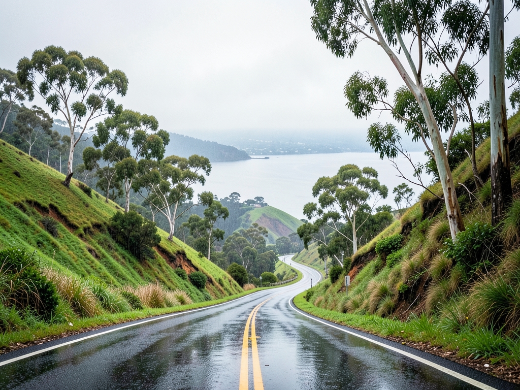 Rain washed inland California hills winding road descending toward