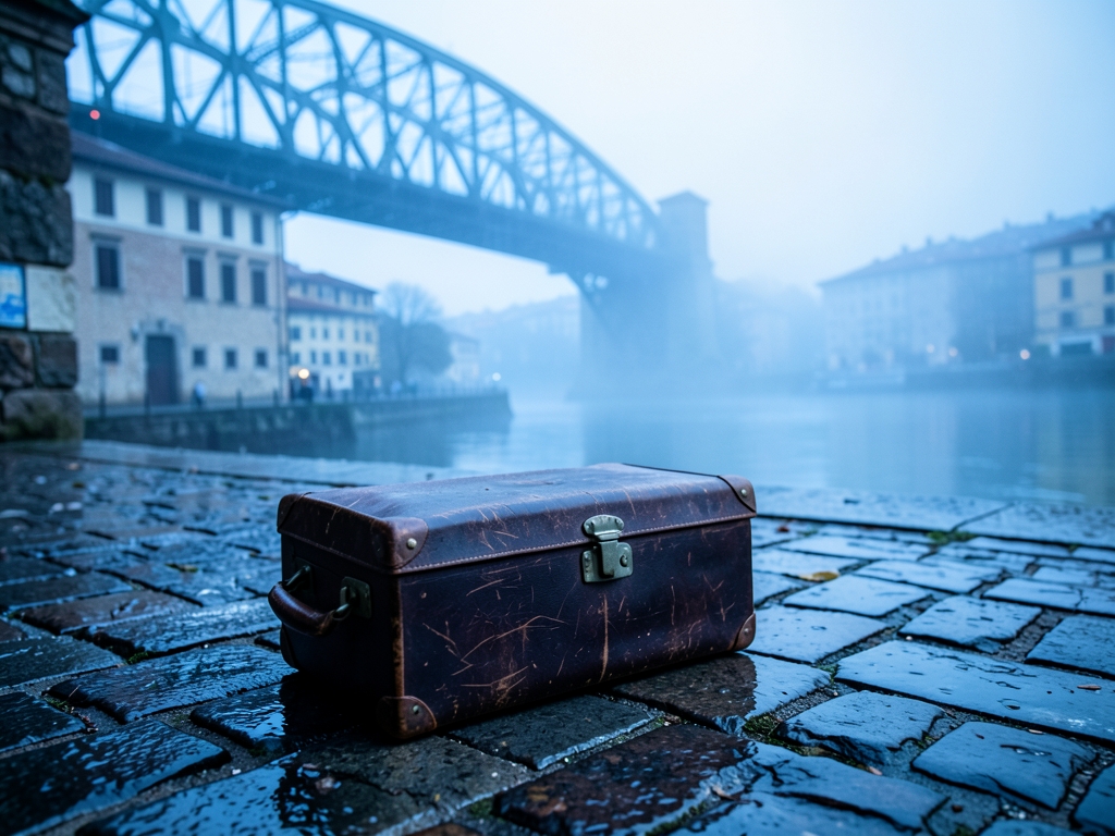 lone traveler s leather suitcase resting cobblestone street Bilbao s