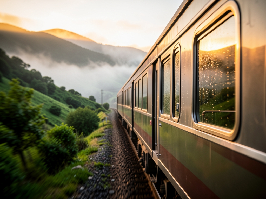 sleek train journey through misty Basque hills toward