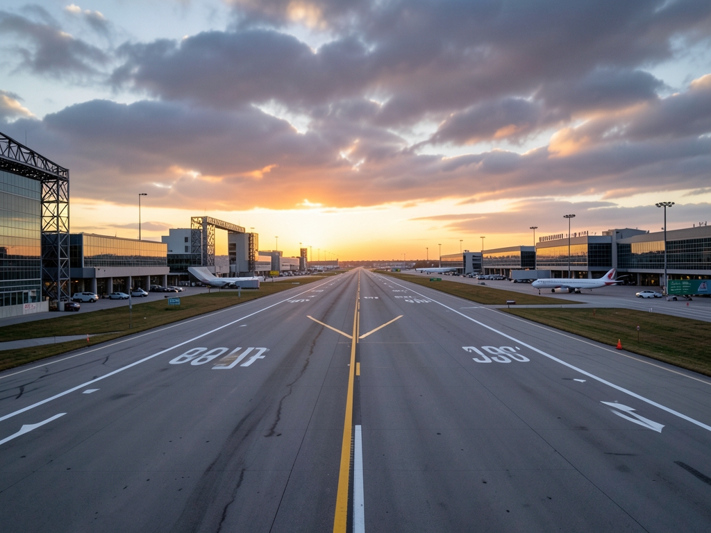 broad York airport runway dawn framed distant steel
