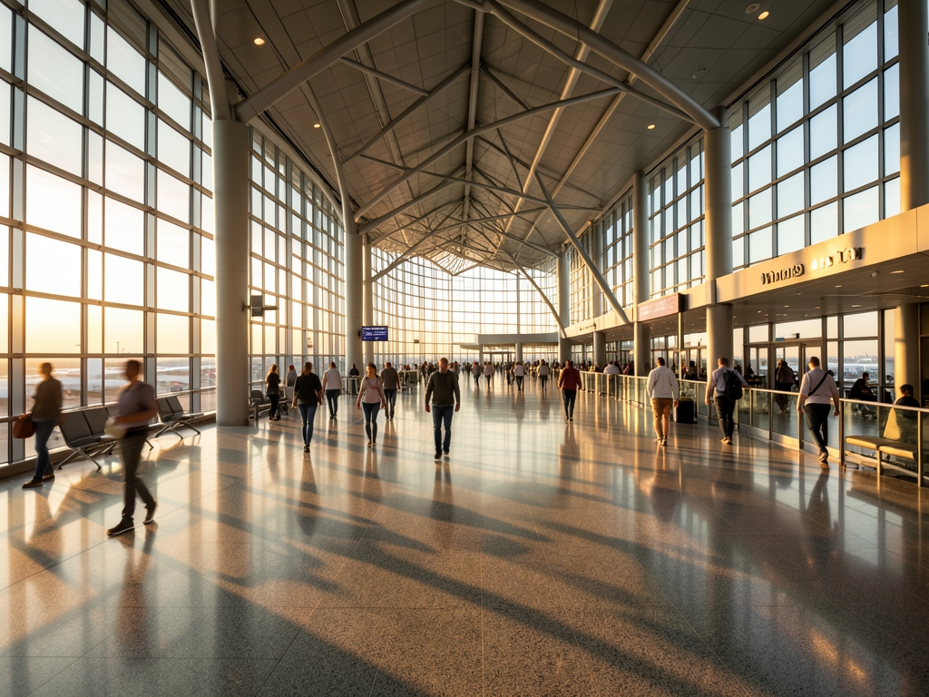 Glass and steel airport terminal concourse golden hour with polished