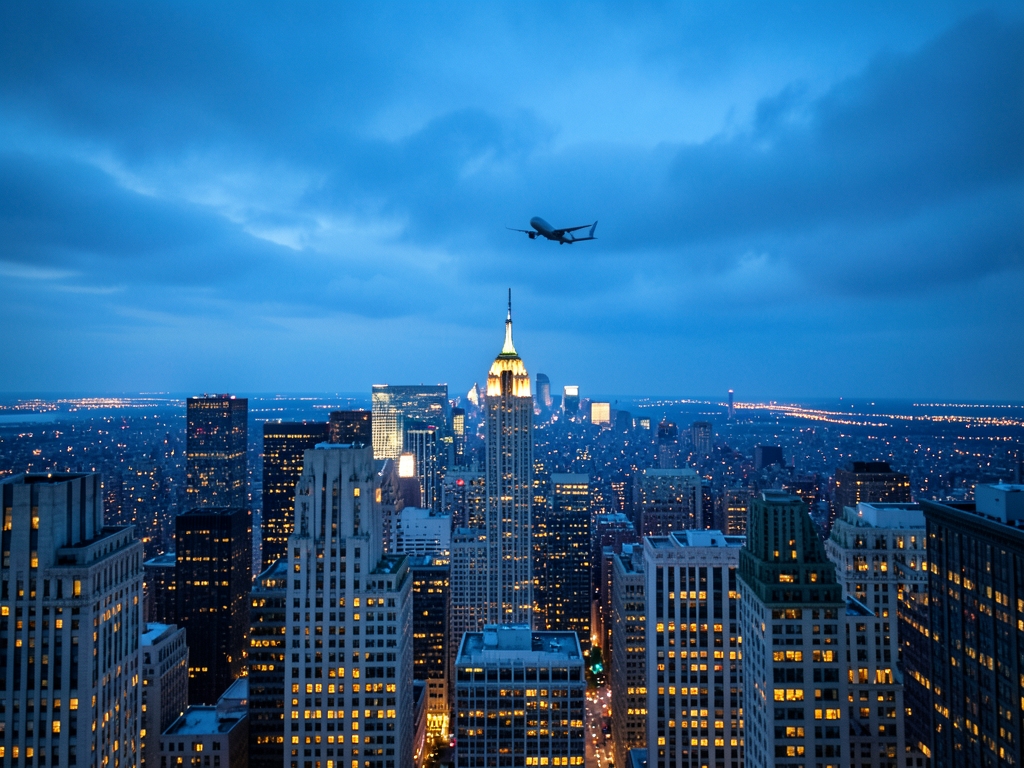 Manhattan skyline blue dusk with distant airplane cloudy