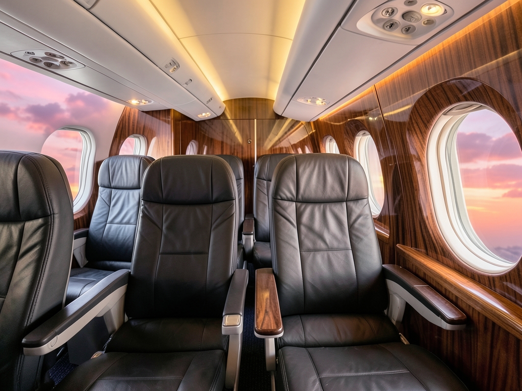 Spacious airplane cabin interior with dark leather seats