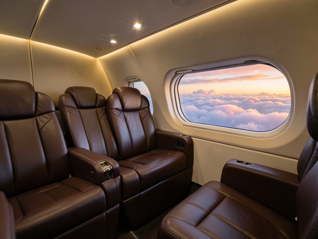 Private first class aircraft cabin with leather seats soft