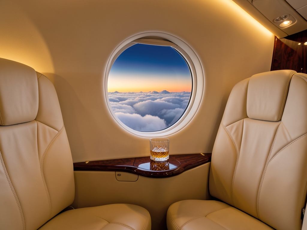 Luxury aircraft cabin interior with cream leather seats