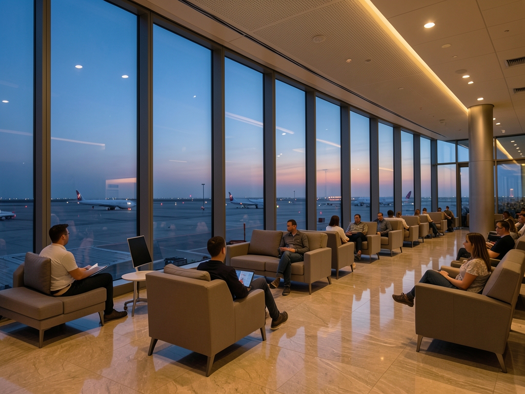 Quiet airport lounge dusk with glass walls marble