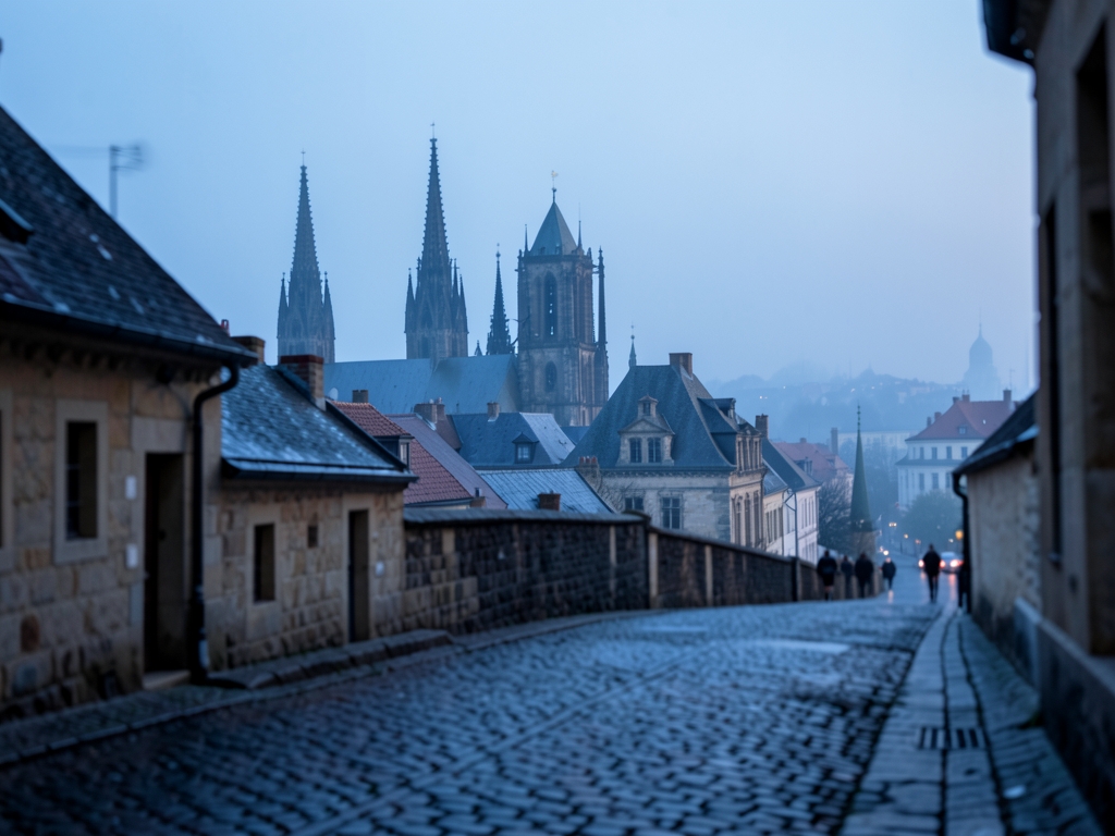 misty European city skyline dawn stone rooftops cathedral