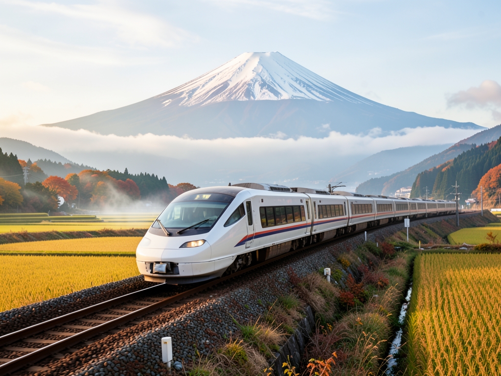 sleek Shinkansen train gliding through autumnal countryside near