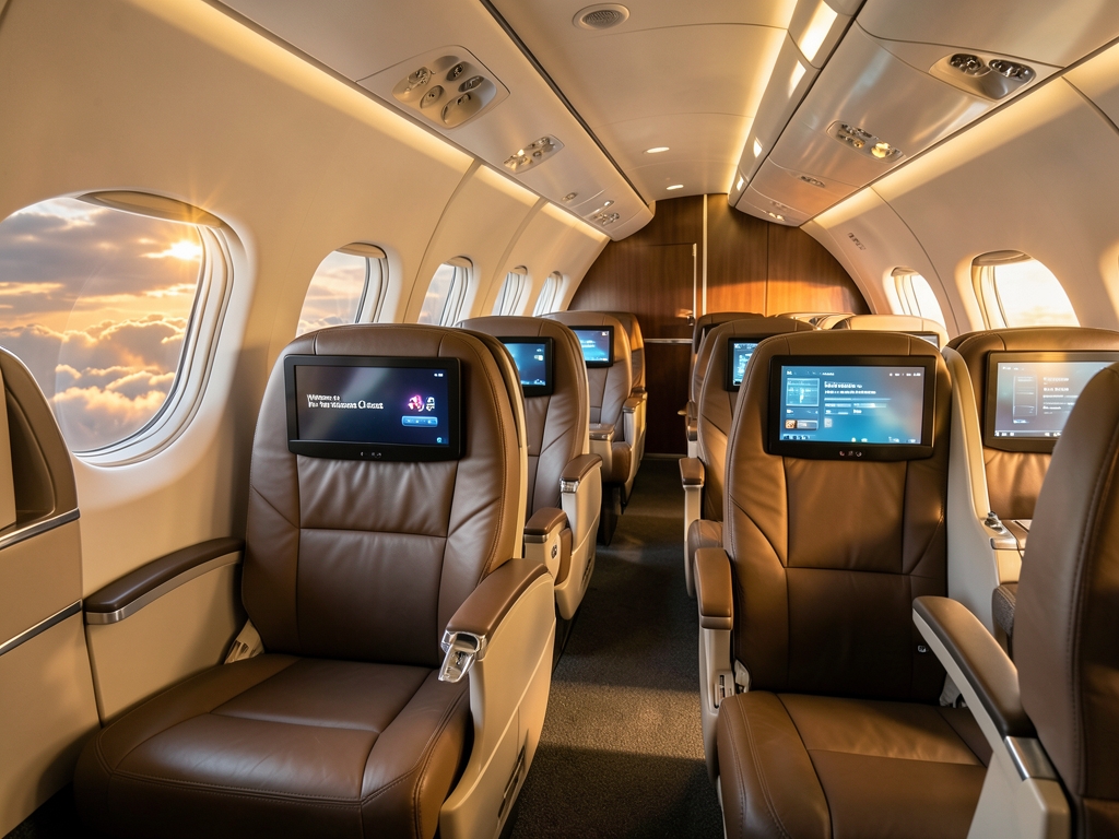 Spacious modern airplane business cabin with lie flat seats
