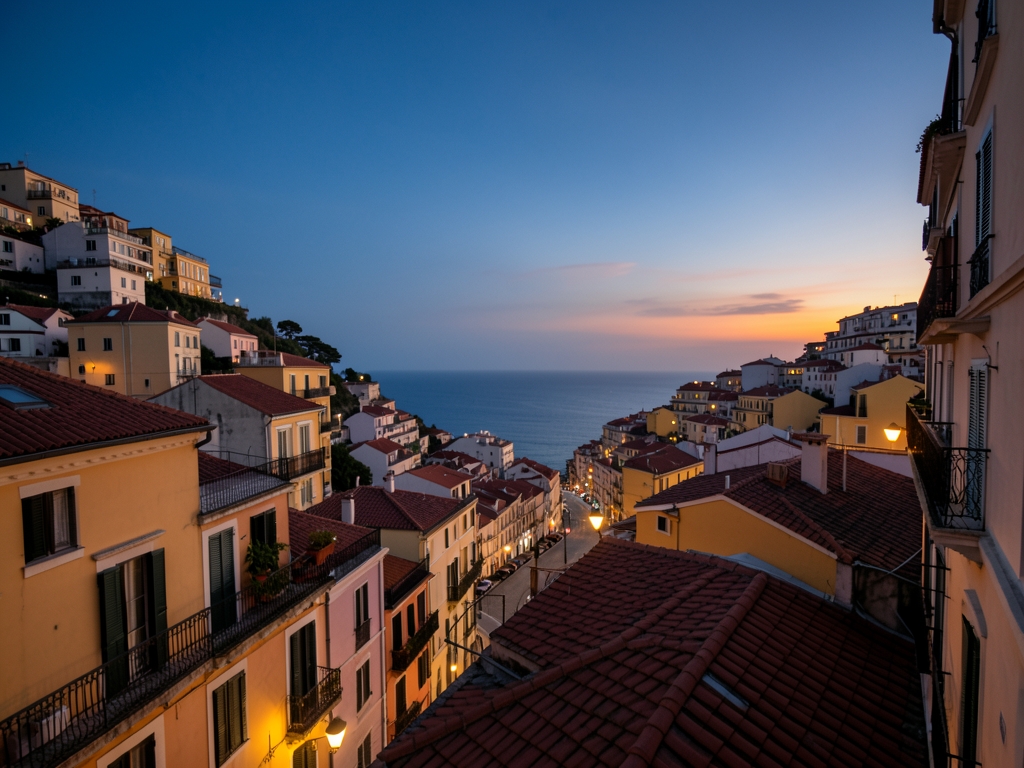 Lisbon hillside dusk terracotta rooftops wrought iron balconies warm