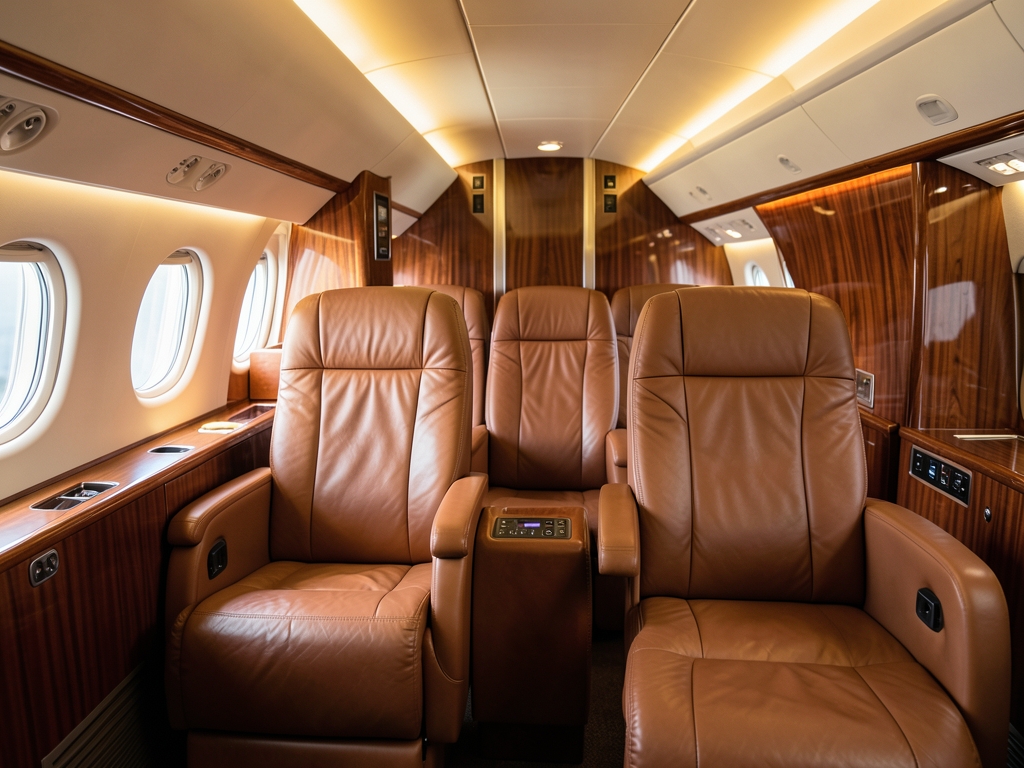 Spacious premium airplane cabin interior with wide reclining