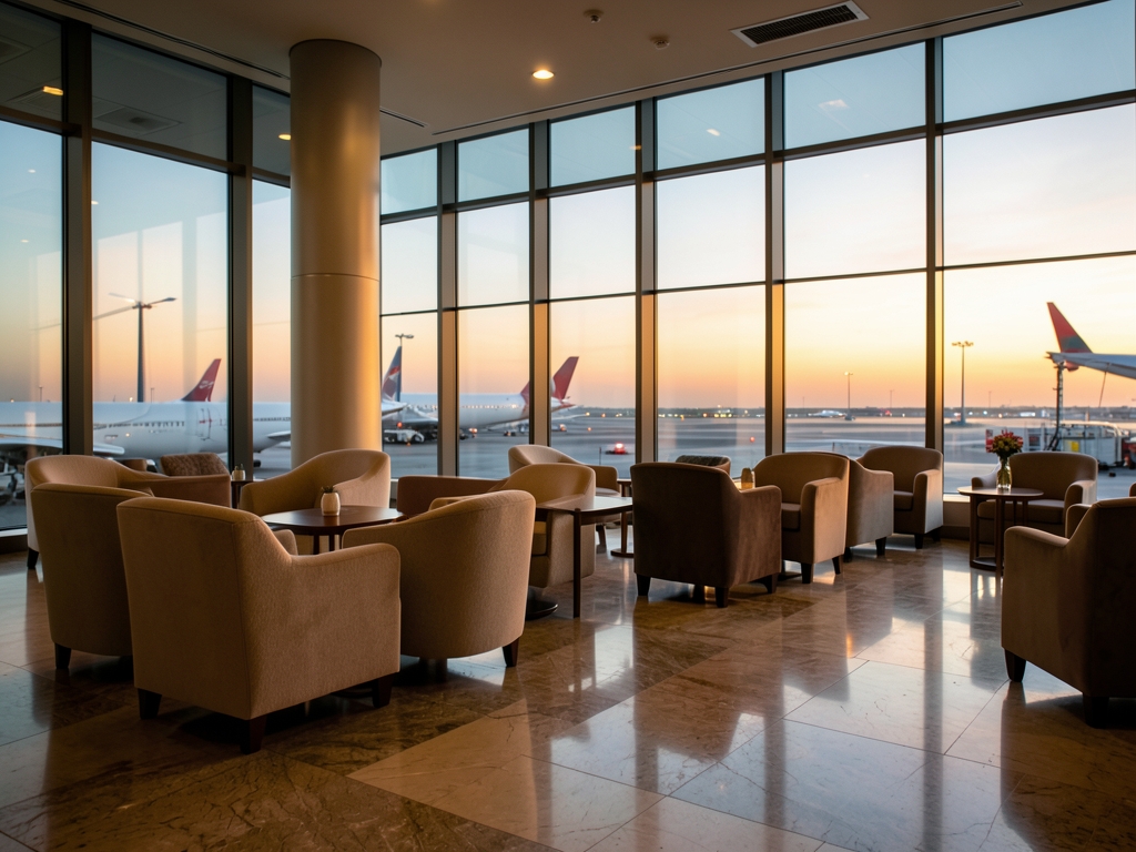 Luxury airport lounge with floor to ceiling windows soft evening