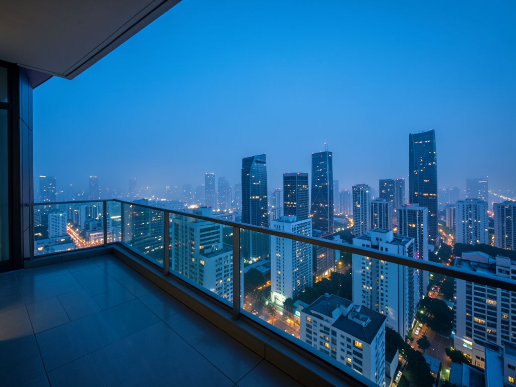 City skyline blue hour seen from hotel balcony