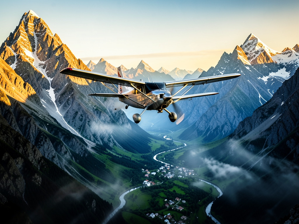 Small propeller plane descending toward Gilgit amid jagged