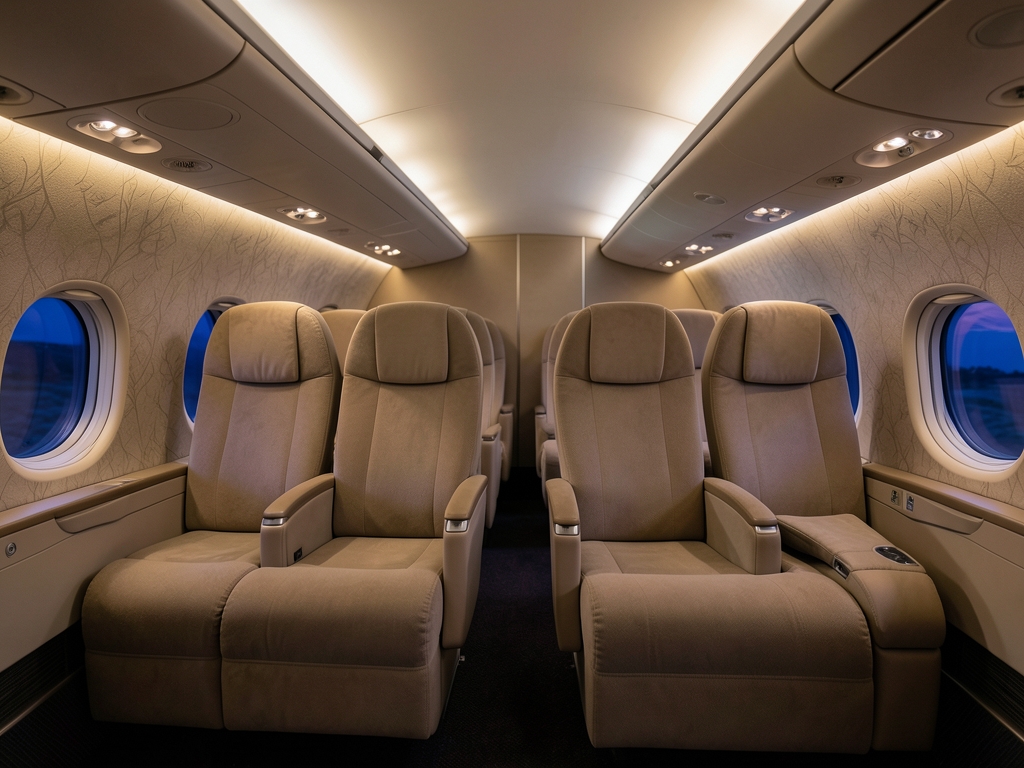 Spacious reclining seats quiet aircraft cabin soft overhead