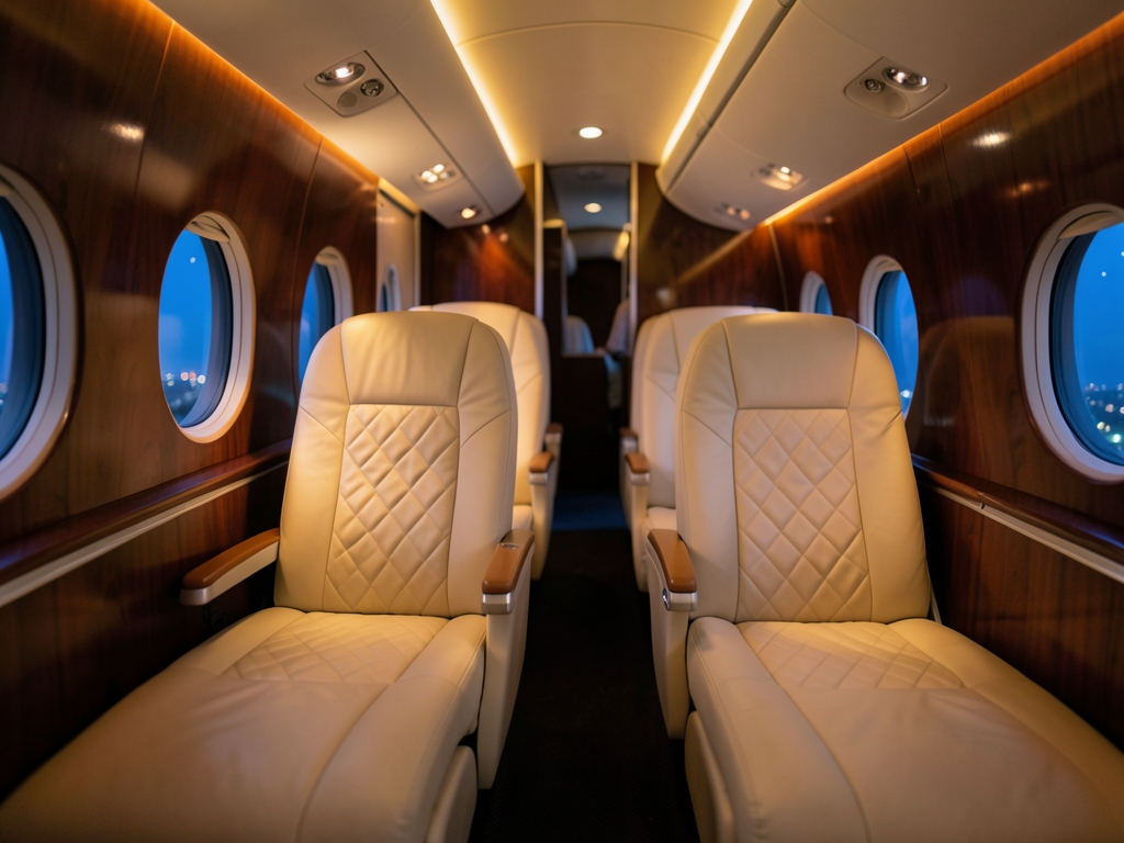 Interior premium airline cabin dusk empty lie flat seats