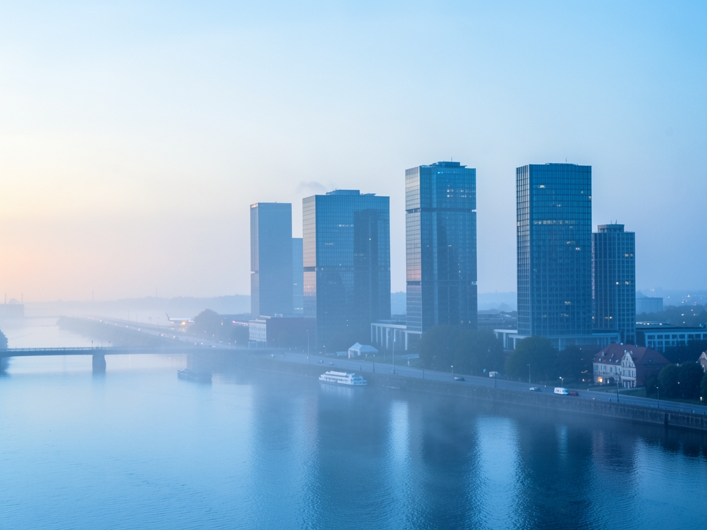 Misty dawn skyline European riverside city with glass