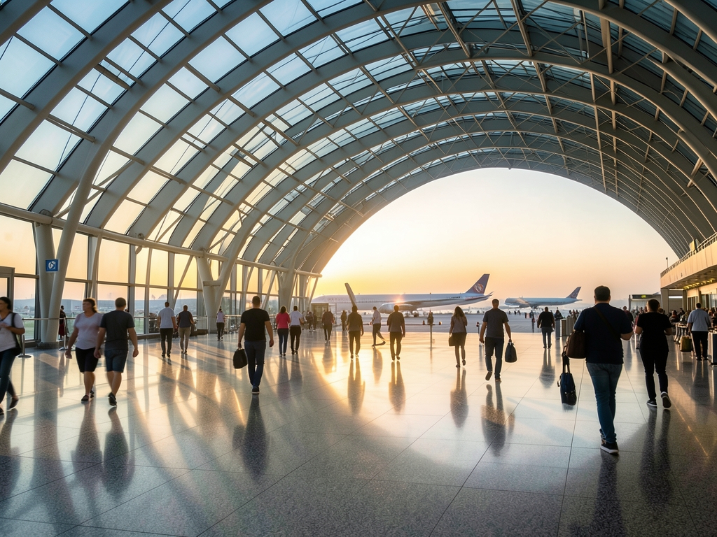 Modern Gulf airport terminal with soaring arched glass