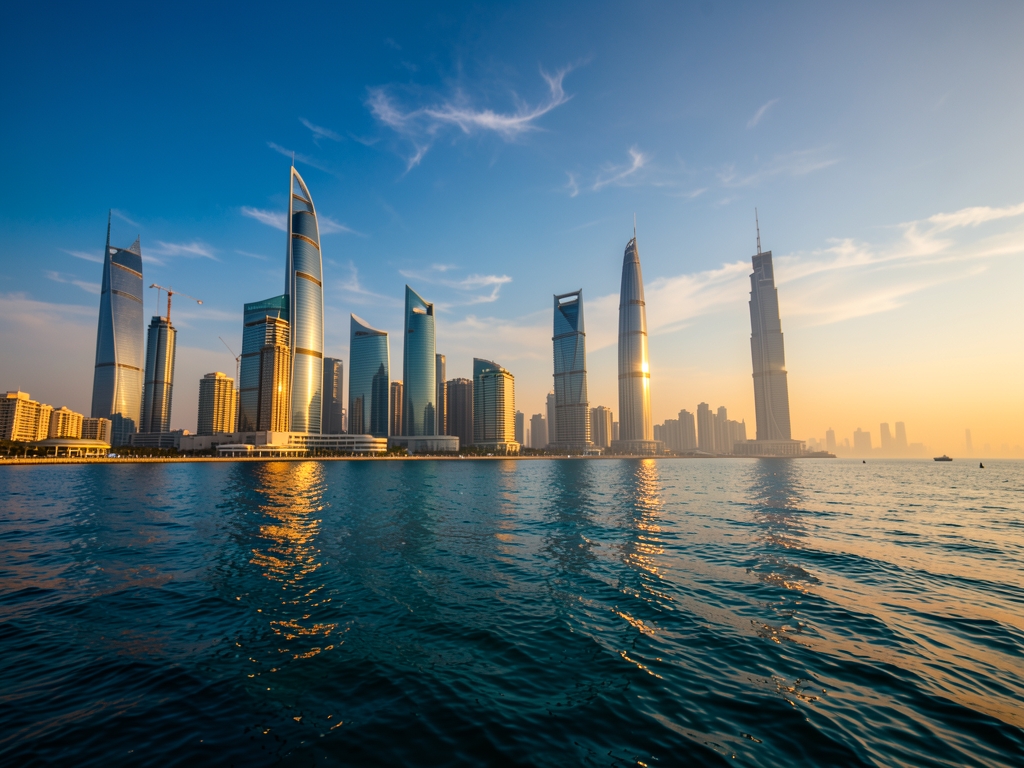 Modern Doha skyline golden hour with glass towers