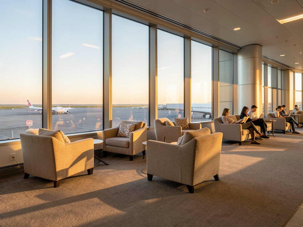 Airport terminal lounge with floor to ceiling windows golden sunset
