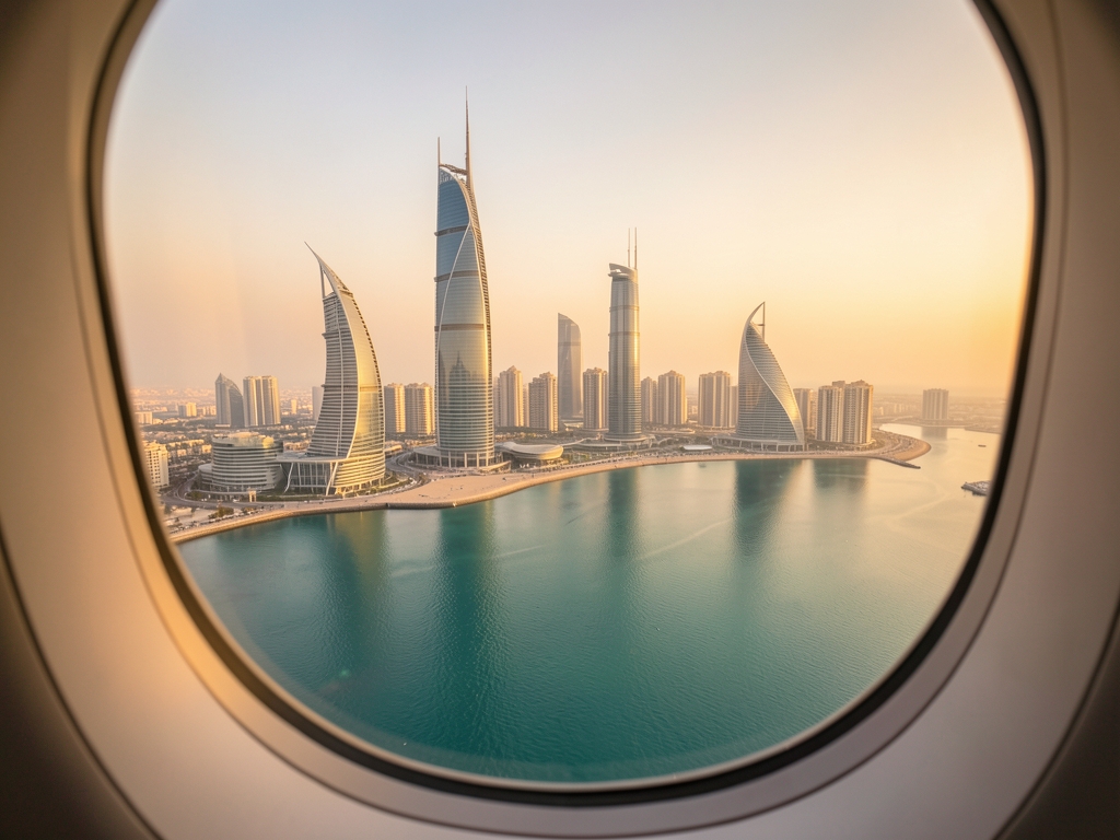 Doha skyline golden hour seen from airplane window
