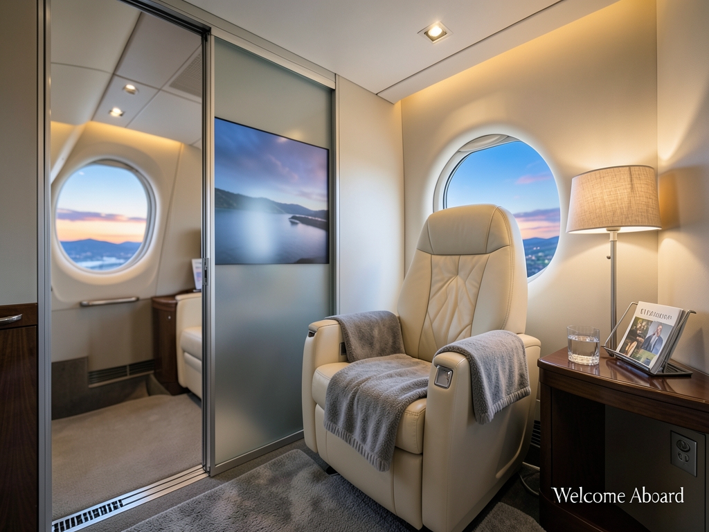 Private business class airplane suite with sliding door plush