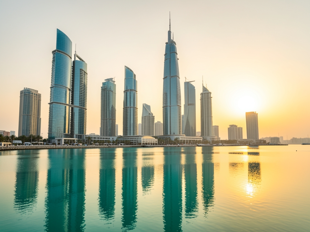 Doha waterfront skyline golden hour modern glass towers
