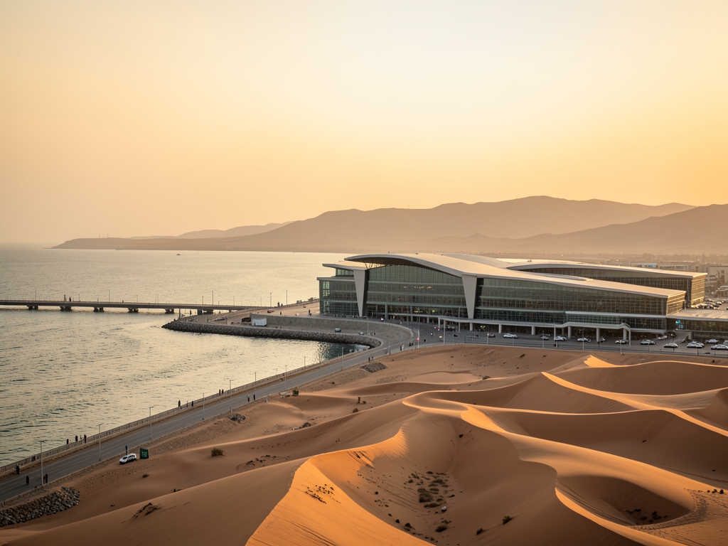 Dawn over Doha s coastline desert dunes hazy golden