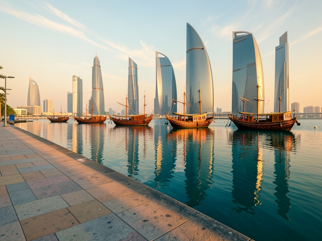 Doha golden hour with sleek curved glass towers
