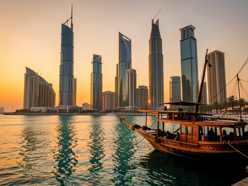 Doha West skyline golden dusk seen from Corniche