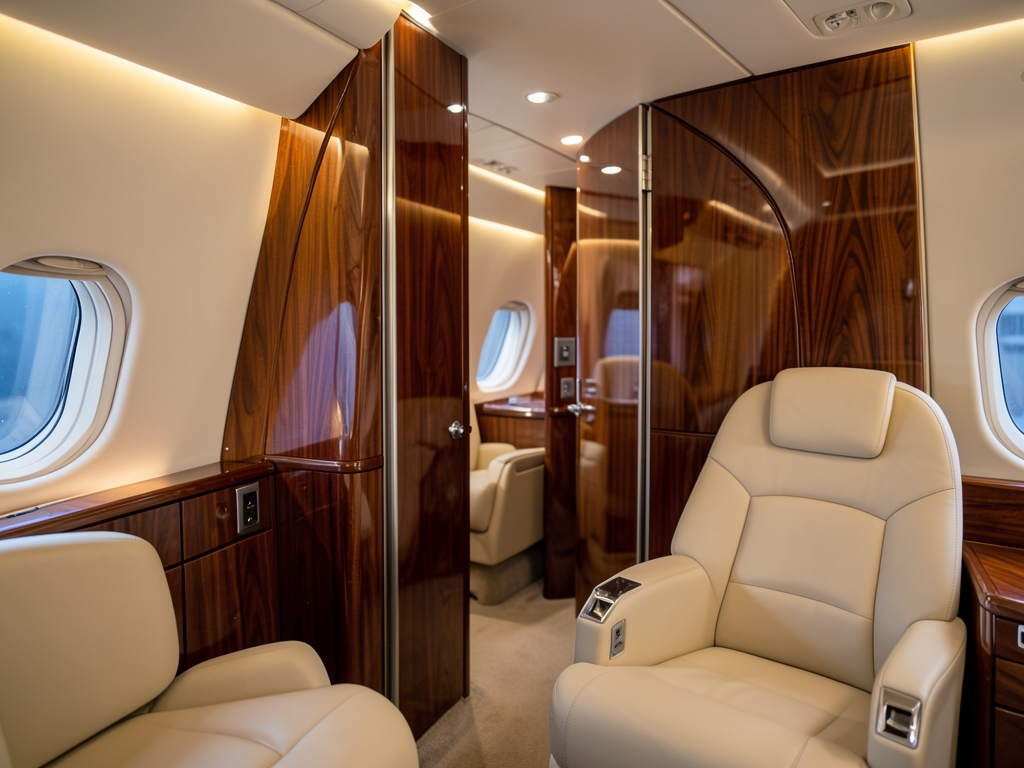 Luxury airplane cabin with private suite sliding doors