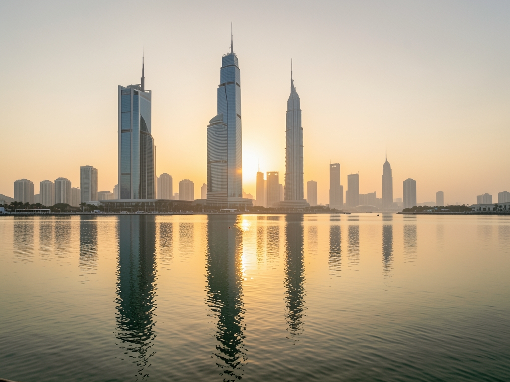 Doha skyline golden hour with modern glass towers