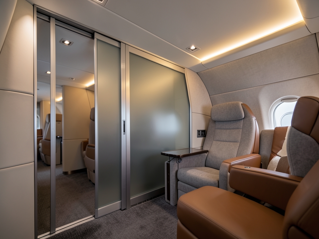 Spacious airplane business class suite with sliding privacy door