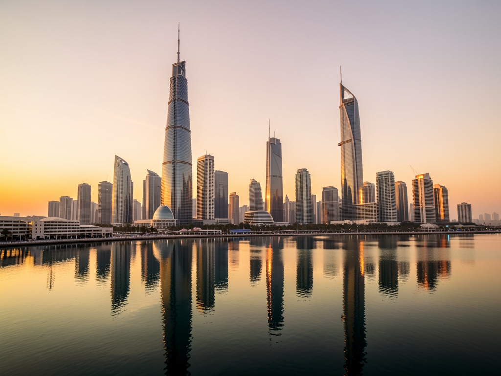 Doha skyline golden hour with futuristic towers reflected