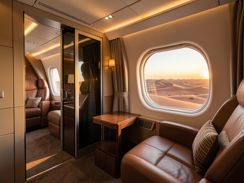 Private business class airplane suite with sliding doors soft