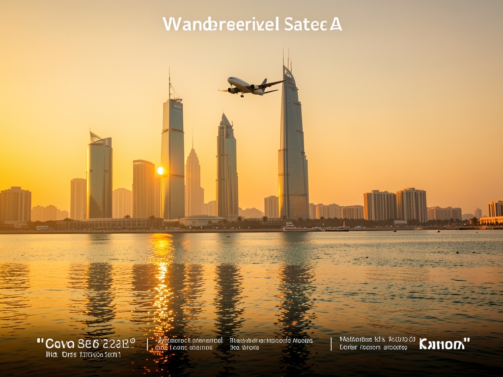 Golden hour skyline Doha with glass towers desert haze