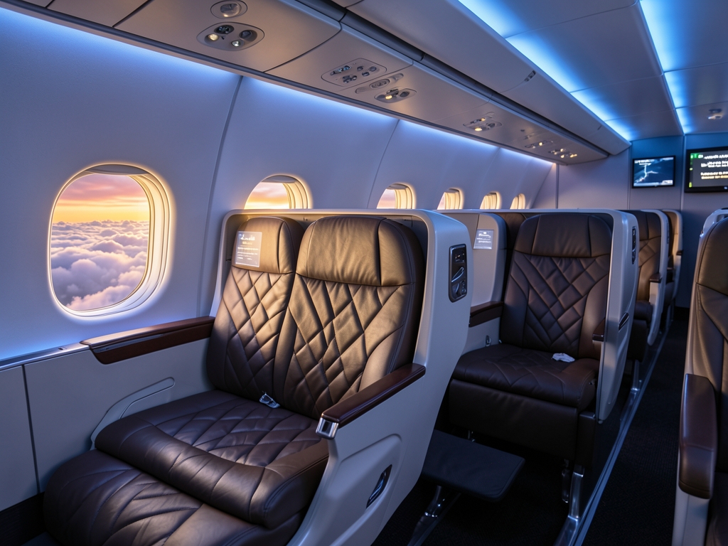 Inside wide body aircraft business class cabin with sliding