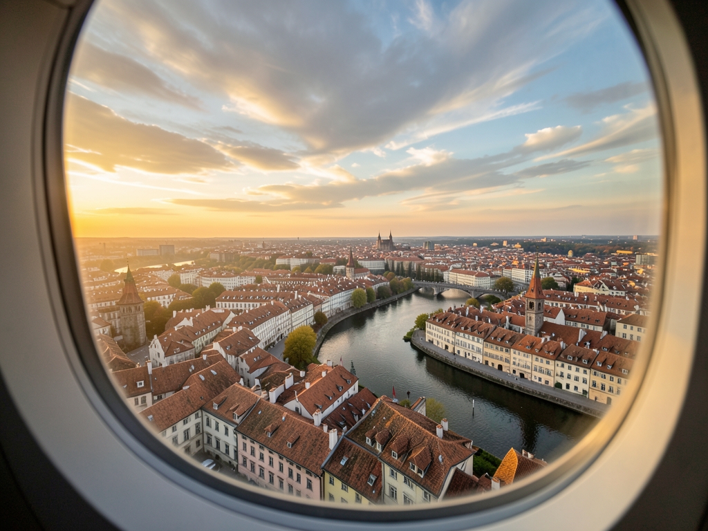 Golden hour view over European city with historic rooftops