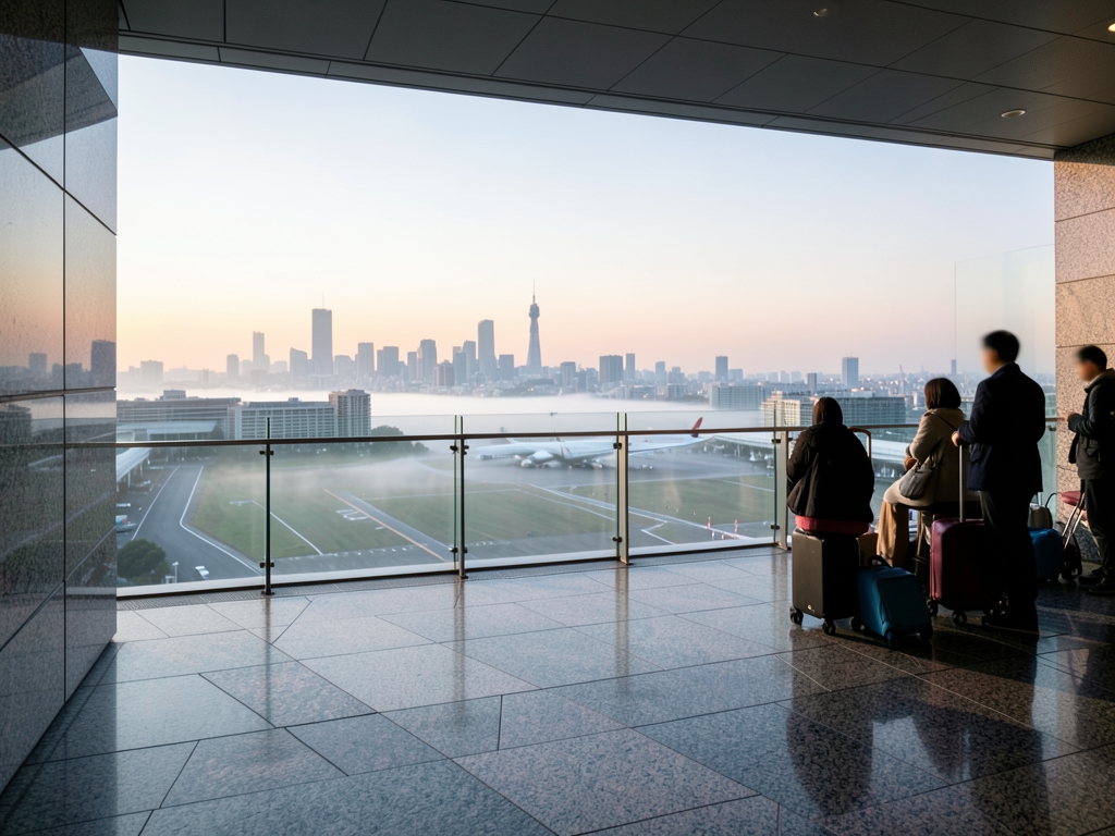 quiet Tokyo airport observation deck dawn polished stone