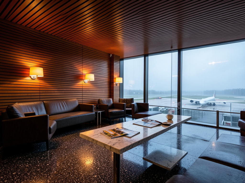 Rain washed terminal lounge dawn terrazzo floor warm timber