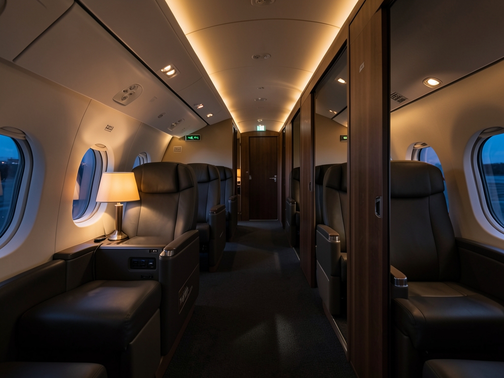 Dimmed wide body aircraft cabin dusk private business class suites