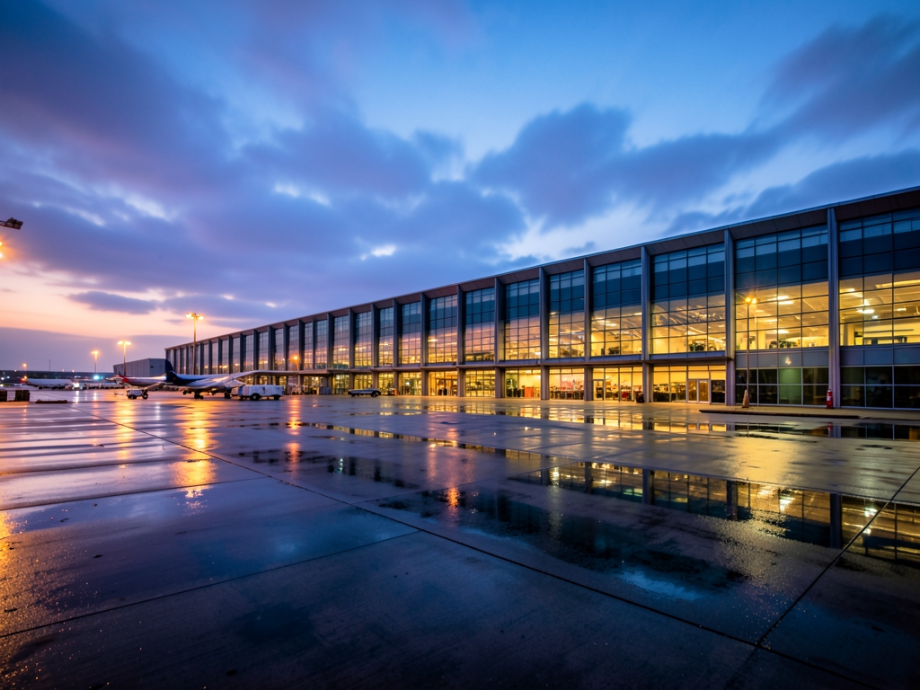 rain slicked glass and steel terminal twilight with concrete aprons rolling