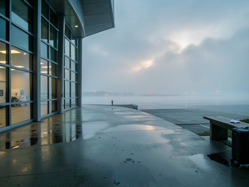 misty pre dawn scene coastal England airport with concrete