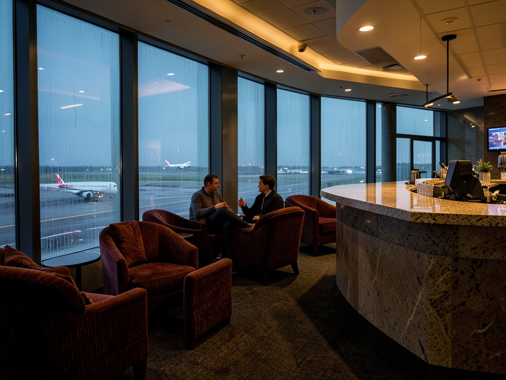 Cozy airport day pass lounge interior with ambient lighting