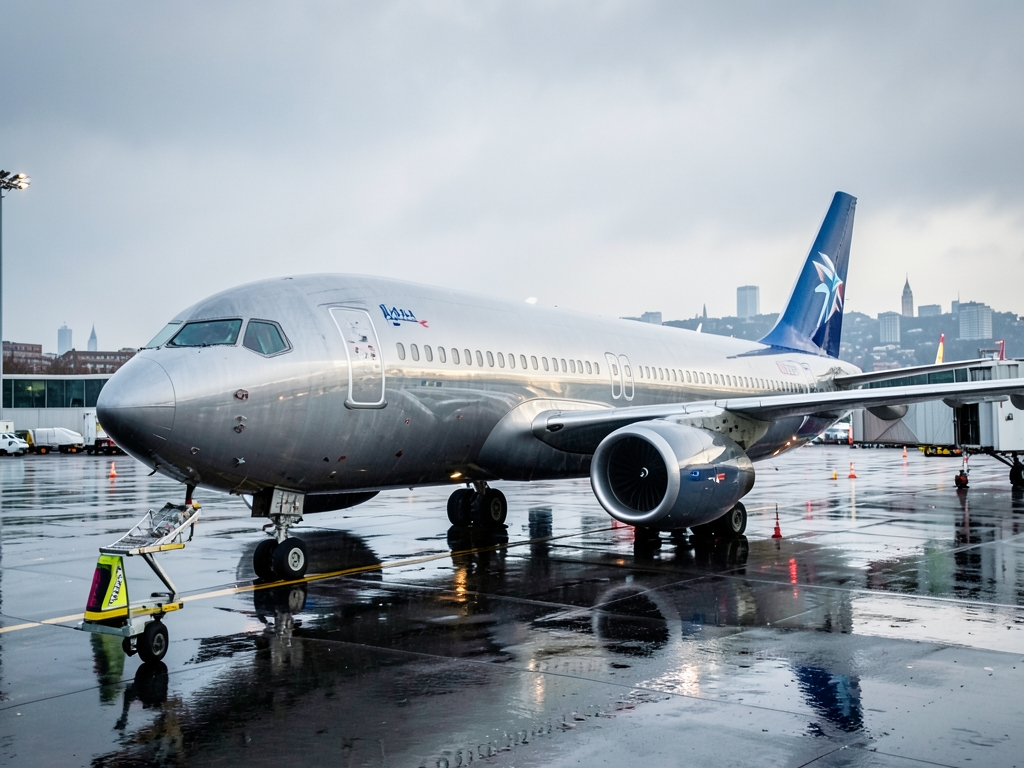sleek modern aircraft rests rain slicked tarmac London metallic