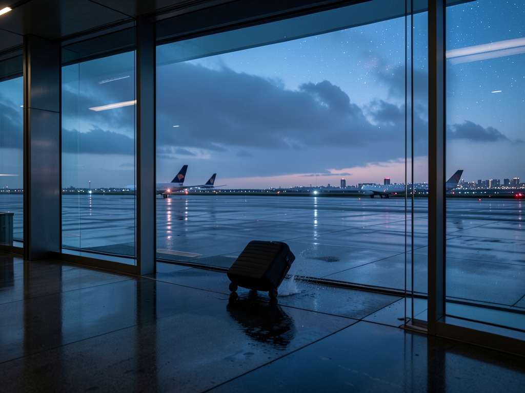 Blue hour airport terminal window overlooking rainy tarmac reflective