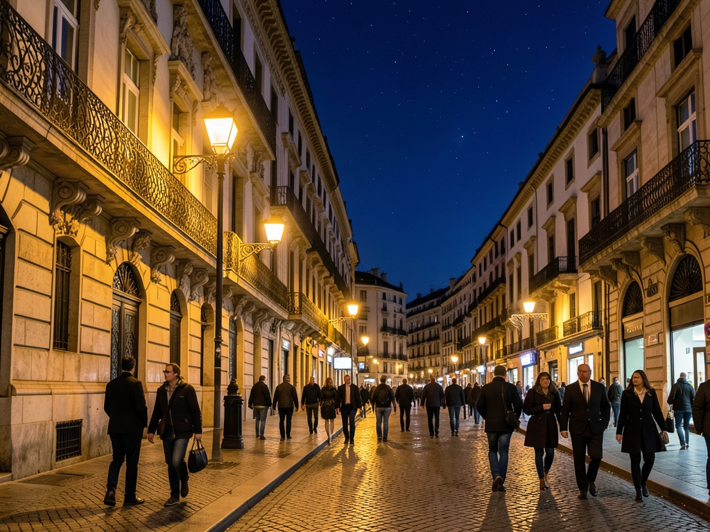 elegant Madrid boulevard dusk lined with ornate stone