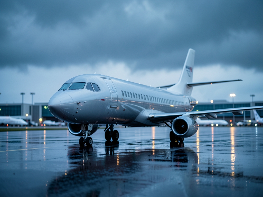 sleek commercial sits tarmac under moody overcast with