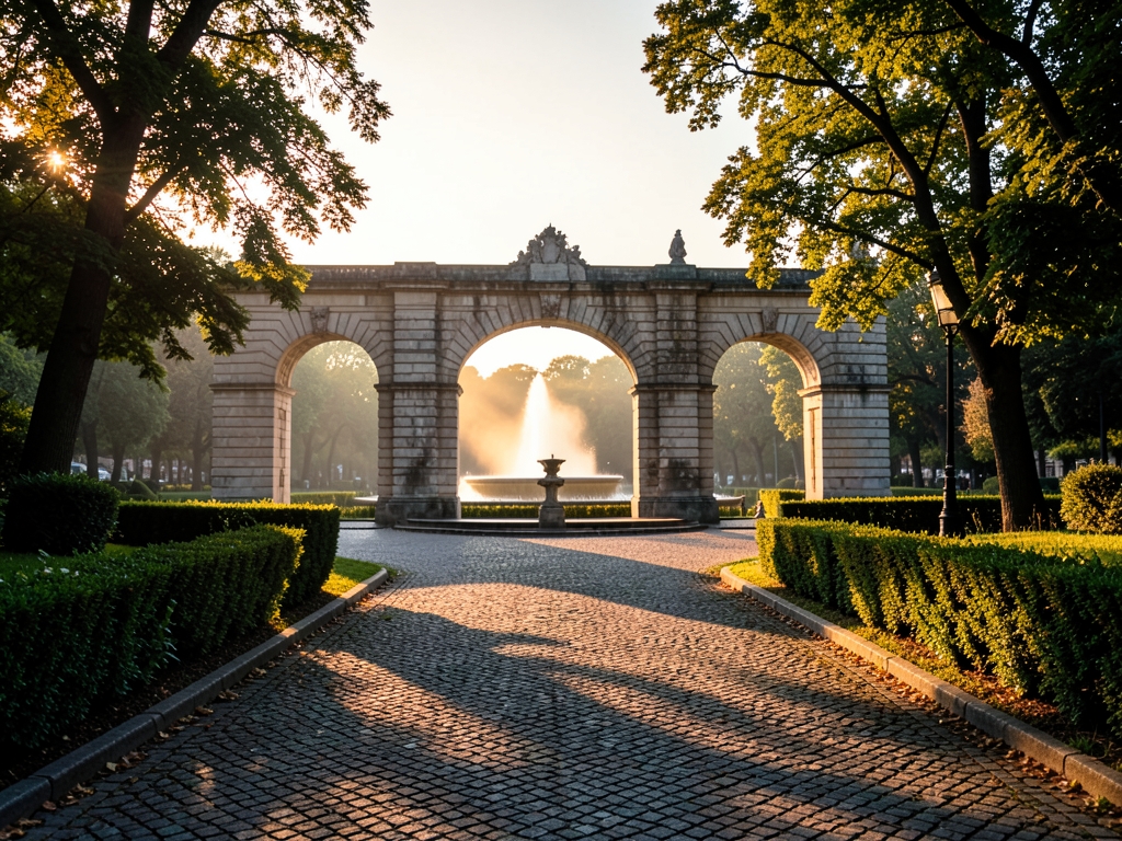 Golden hour light bathes historic stone arches Madrid s