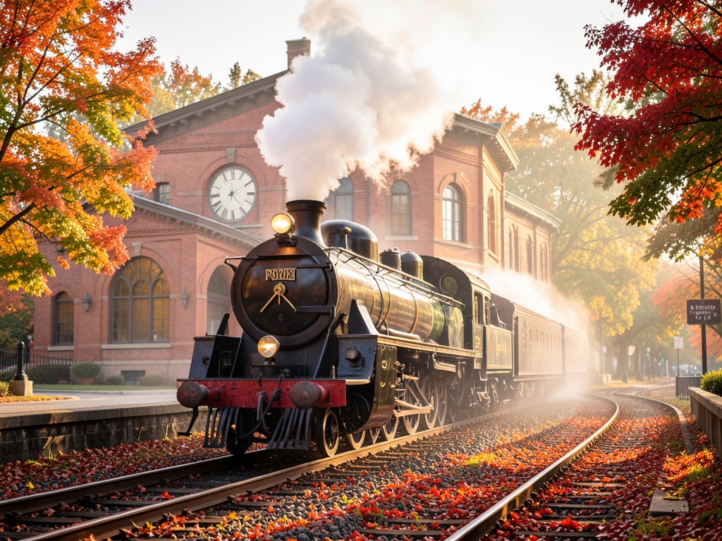 vintage steam locomotive pulls historic Portland station surrounded